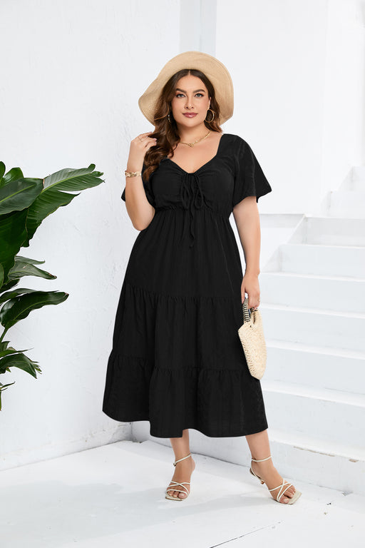 Color-Black-Plus Size V Neck High Waist Dress Long Short Sleeve Dress-Fancey Boutique