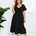 Color-Black-Plus Size V Neck High Waist Dress Long Short Sleeve Dress-Fancey Boutique