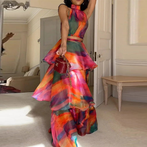 Fall Halter Tie Dye Puffy Tiered Ruffle Maxi Dress-Multi-Fancey Boutique