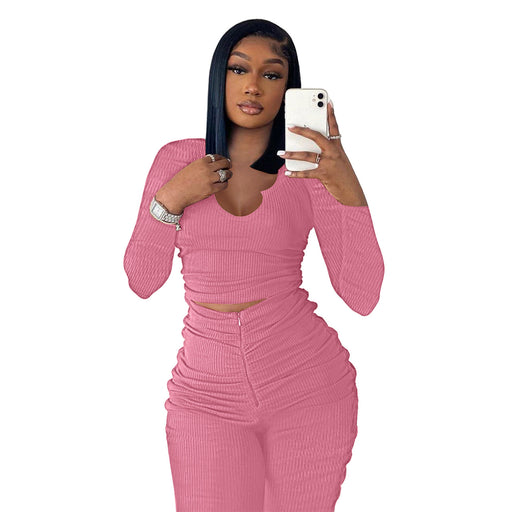 Color-Pink-Women Clothing Fall Winter U Neck Long Sleeved Trousers Pleating Casual Suit-Fancey Boutique