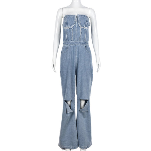 Color-Blue-Summer Sexy Cutout Hole Long Zipper Wrapped Chest Denim Jumpsuit-Fancey Boutique