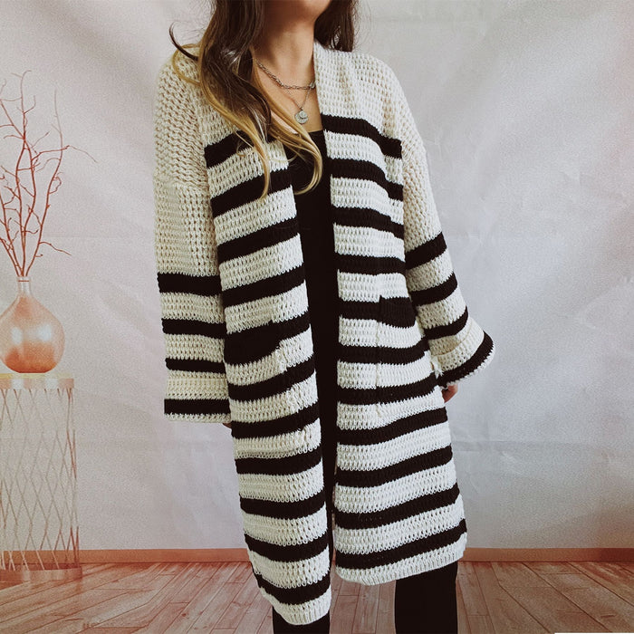 Color-White-Autumn Winter Loose Striped Pocket Mid Length Knitted Sweater Cardigan Coat-Fancey Boutique