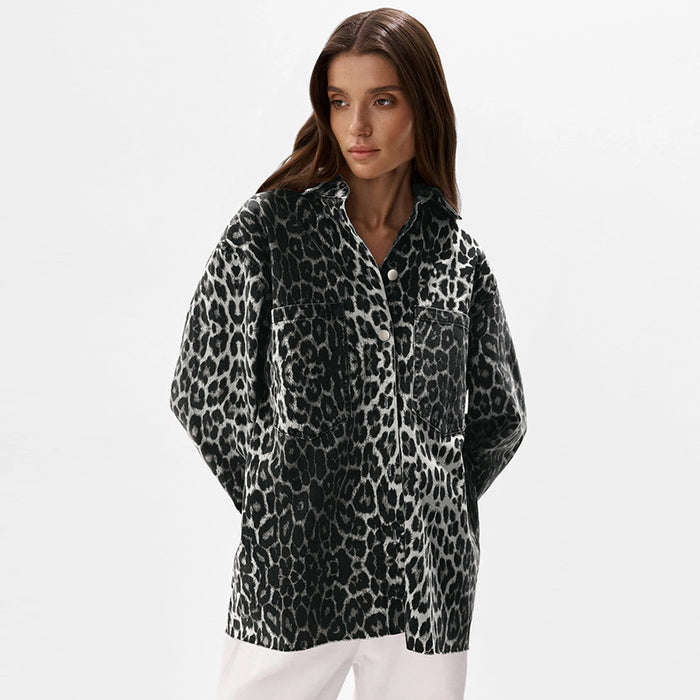 Autumn Coarse Drill Cotton Collared Long Sleeve Street Leopard Print Casual Coat Fashionable Women Clothing-Fancey Boutique