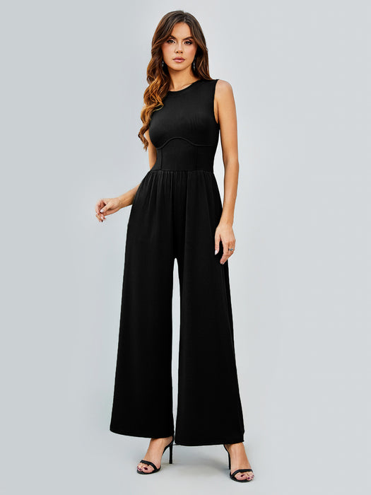 Color-Black-Women Clothing Solid Color Vest High Waist Slim Fit Bodysuit round Neck Wide Leg Straight Simple Evening Dress-Fancey Boutique