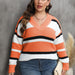 Color-Orange-Plus Size Women Pullover Sweater Women Clothing Autumn Winter V Collar Contrast Color Stitching Sweater-Fancey Boutique