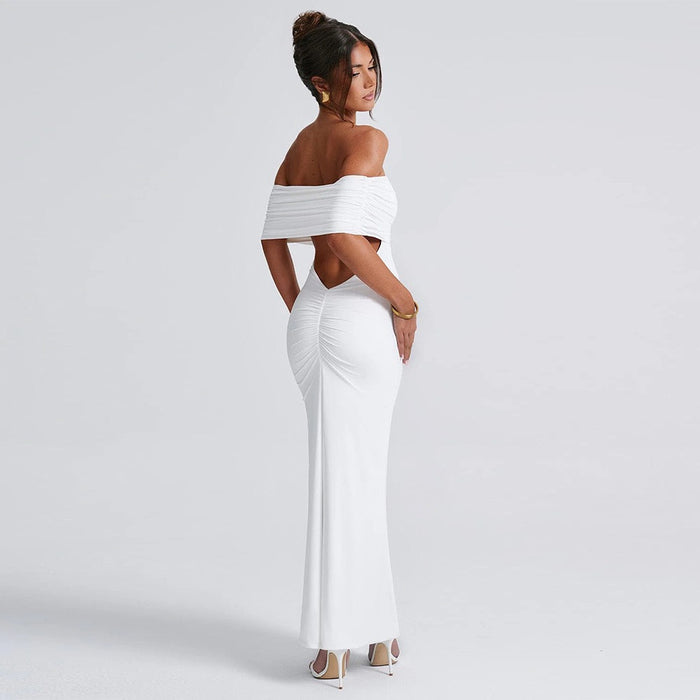 Women Clothing Summer Sexy off Shoulder Backless Bag Hip Pleated Solid Color Dress-Fancey Boutique