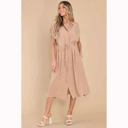 Color-Khaki-Trendy Summer Fitted Waist Turn down Collar Single Breasted Drawstring Dress-Fancey Boutique