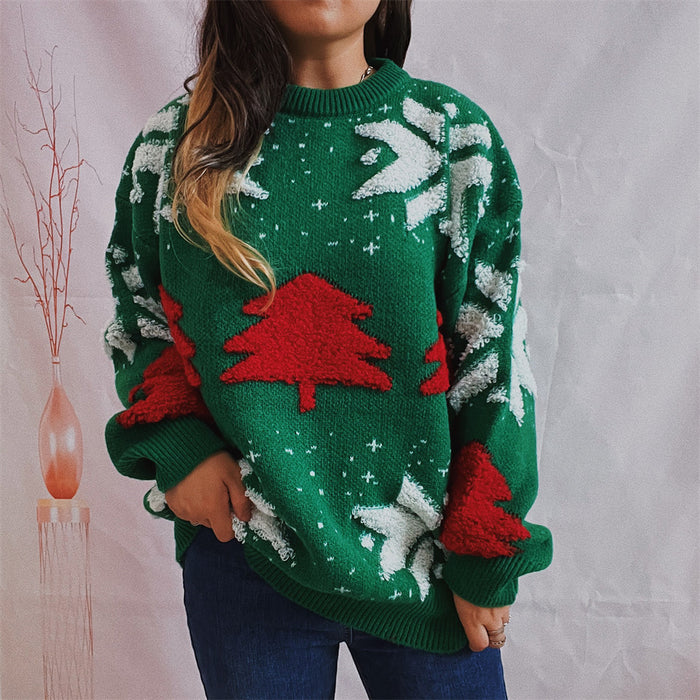 Color-Green-Autumn Winter Christmas Tree Jacquard Round Neck Long Sleeved Thickened Knitted Pullover Christmas Sweater for Women-Fancey Boutique