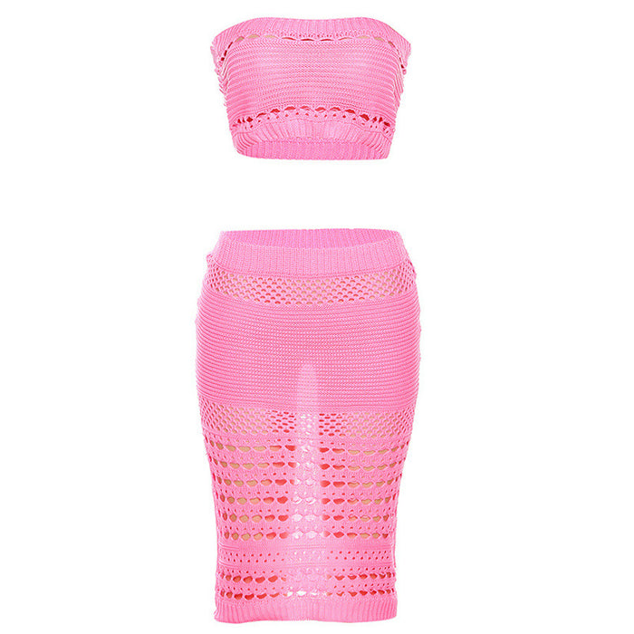 Color-Pink-Summer Women Clothing Knitted Tube Top Slim Fit Sexy Skirt Set-Fancey Boutique