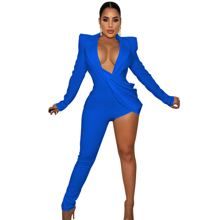 Color-Blue-Sexy Solid Color Tight V Neck Long Sleeve Jumpsuit Women-Fancey Boutique