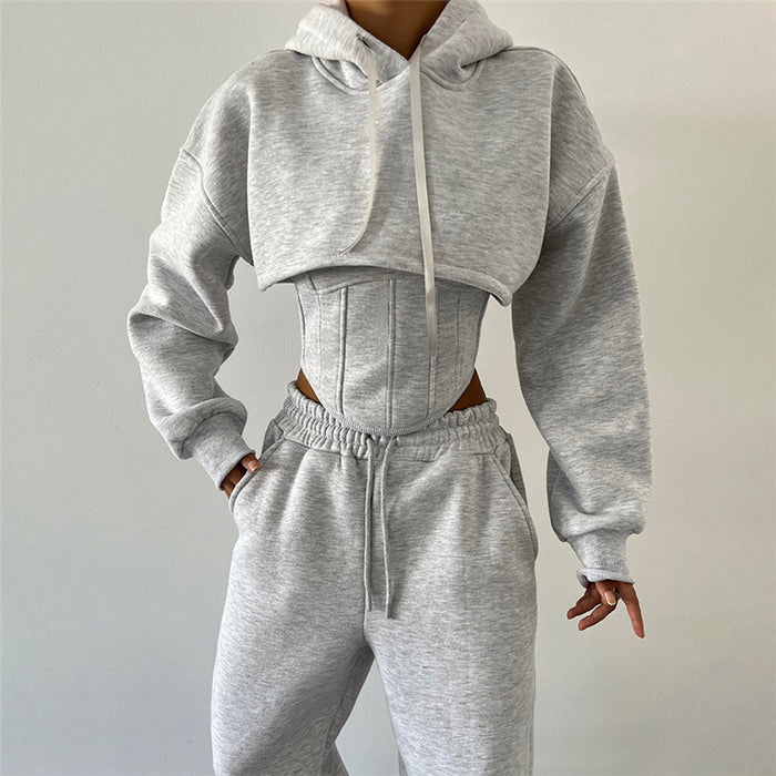 Color-Light Gray-Autumn Winter Women Hooded Sweater Blouse Camisole Waist Pants Three Piece Set for Women-Fancey Boutique