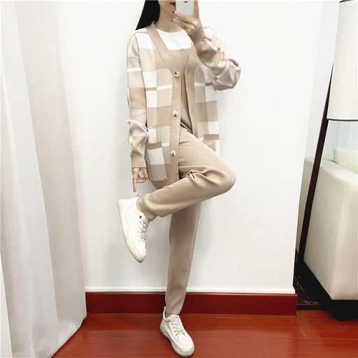 Autumn Winter Three Piece Suit Women Western Youthful Looking Casual Fashionable Knitted Coat Sweater Three Piece Set-Khaki-Fancey Boutique