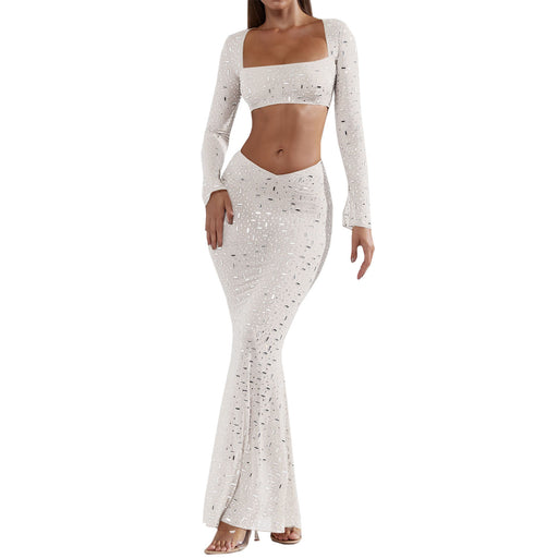Color-White-Women Clothes Sexy Rhinestone Top Mermaid Skirt Skirt Set-Fancey Boutique