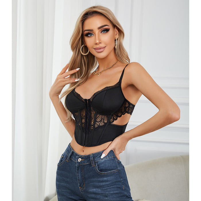 Color-Black-Lace Niche Hollow Out Cutout Design Boning Corset Breasted Vest-Fancey Boutique