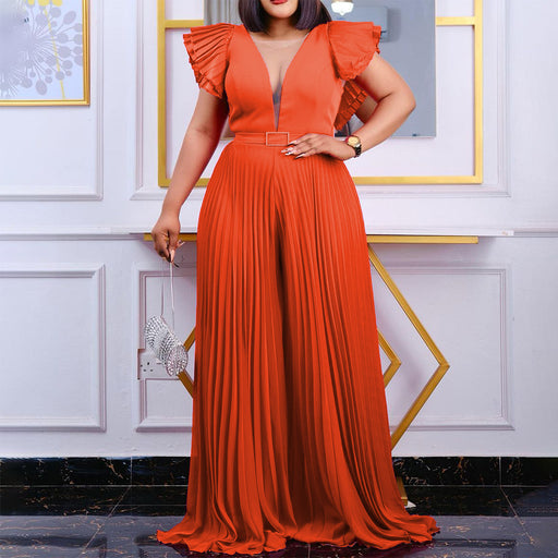 Color-Orange-With Belt Sexy Short Sleeve Pleated Wide Leg Jumpsuit-Fancey Boutique