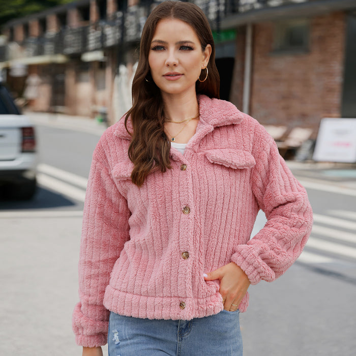 Color-Pink-Women Clothing Autumn Winter Sunken Stripe Velvet Cardigan Collared Short Coat-Fancey Boutique
