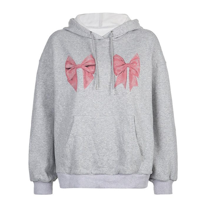 Color-Light Gray-Bow Print Hooded Large Hoody Women Autumn Winter Lazy Wind Loose Pullover Long Sleeve Casual Top-Fancey Boutique