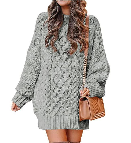 Color-Light Gray-Round Neck Long Sleeve Twisted Knitted Thick Needle Pullover Mid Length Sweater Women Dress-Fancey Boutique