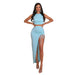 Color-Light Blue-Solid Color Casual Slit Tied Top Skirt Women Suit-Fancey Boutique