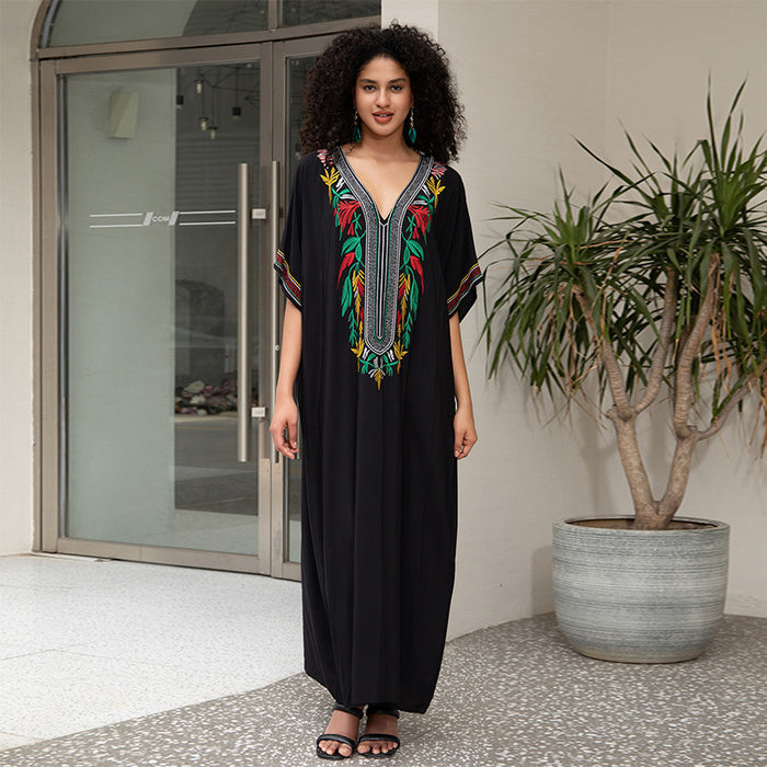 Cotton Embroidered Vacation Beach Blouse Maxi Dress Loose Robe Sun Protection Bikini Cover Up Blouse-Black-Fancey Boutique