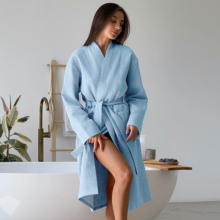 Color-Blue-Autumn Comfortable Waffle Long Robe Hotel Bathrobe Home Wear-Fancey Boutique