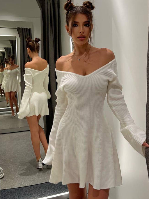 V Neck Long Sleeve Sexy Dress Short A Line Dress Strapless High Waist Autumn Winter Knitted Dress-White-Fancey Boutique