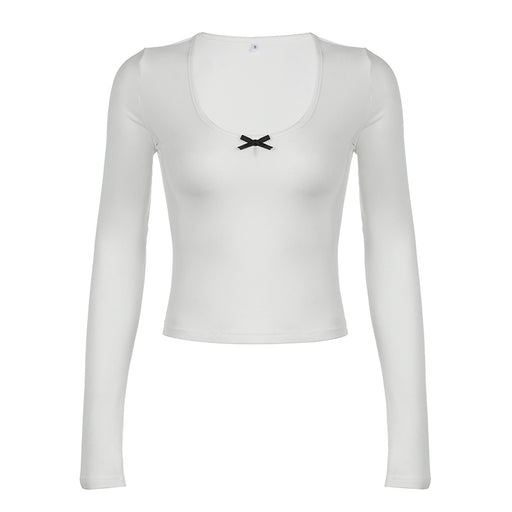 Simple Bowknot U Collar Basic Long Sleeve Sexy Casual All Matching Slim Fit Slim Looking Base Short Top-White-Fancey Boutique