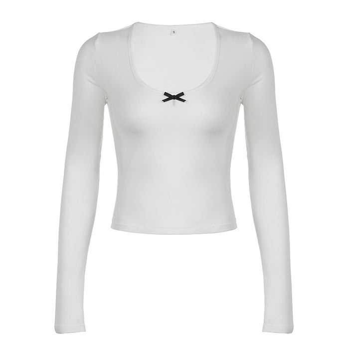 Simple Bowknot U Collar Basic Long Sleeve Sexy Casual All Matching Slim Fit Slim Looking Base Short Top-White-Fancey Boutique