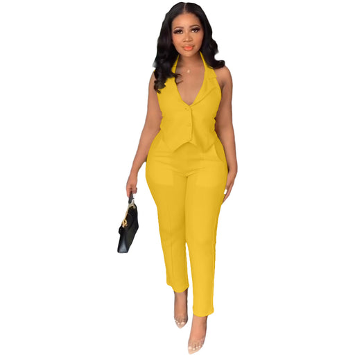 Color-Yellow-Women Clothing Spring Summer Casual Vest Pants Two Piece Set-Fancey Boutique