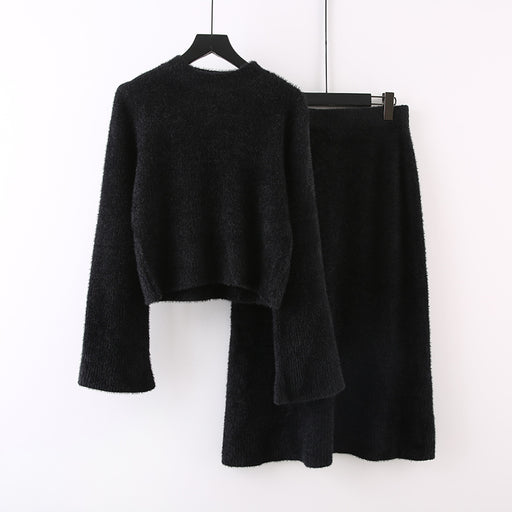Color-Black-Autumn Winter French Retro Gentle Socialite Anti Aging Elegant Furry Sweater Skirt Set Women-Fancey Boutique