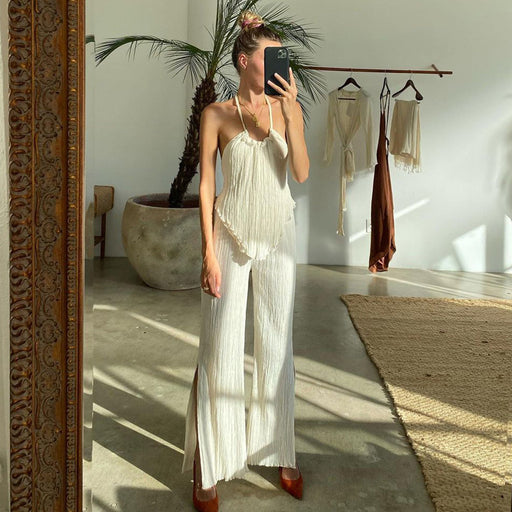 New Sexy Backless Spaghetti Straps Vest Beige Pleated Slim Fit Slit Blouse Pants-Fancey Boutique