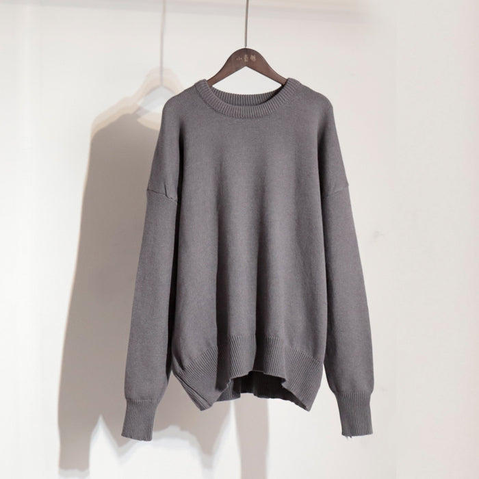 Solid Color round Neck Sweater Autumn Winter Office Casual round Neck Knitted Sweater-Gray-Fancey Boutique