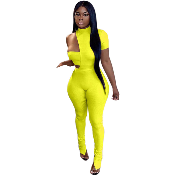 Color-Fluorescein-Women Clothing Asymmetric Sunken Stripe Chest Wrap Cotton-Padded Clothes Slit Pants Three-Piece Suit-Fancey Boutique