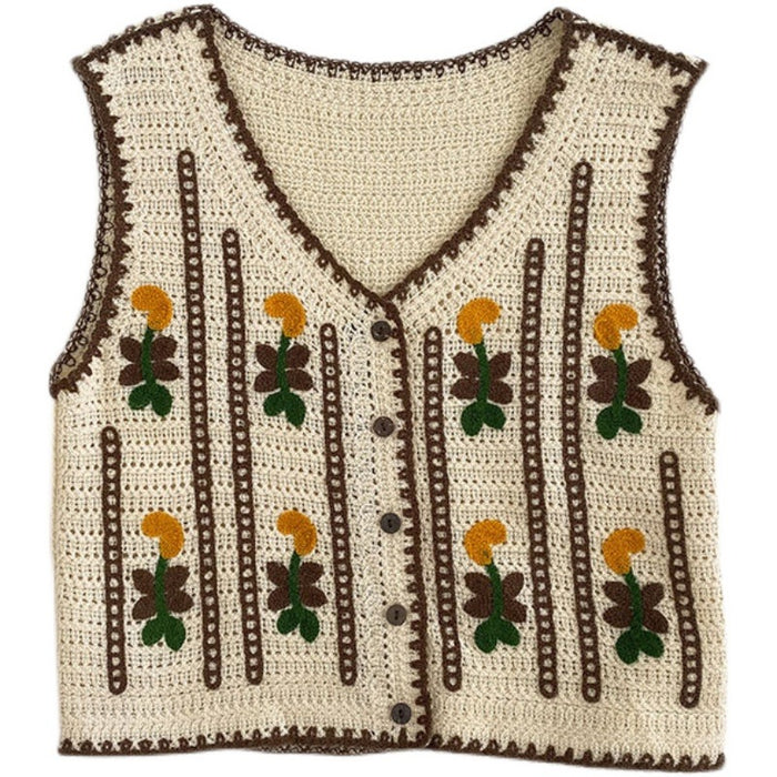 Color-Coffee Color-Autumn Fashionable Cardigan Chessboard Plaid V neck Knitted Thin Vest Vest Coat Women-Fancey Boutique
