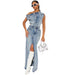 Color-Skyblue-Denim Casual Suit Autumn Winter Retro Denim Skirt Set Two Piece Set-Fancey Boutique