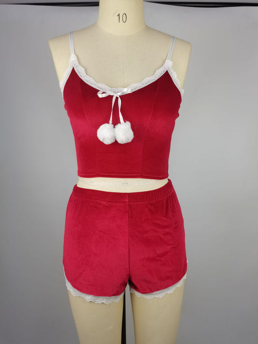 Color-Burgundy-Christmas Sexy Sexy Lingerie Set Velvet Spaghetti Straps Shorts Passion Temptation Uniform-Fancey Boutique