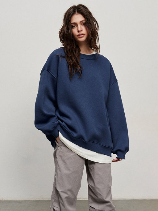 Round Neck Loose Sweatshirt Women Autumn Winter Street Solid Color Polar Fleece Pullover Sweater-Navy Blue-Fancey Boutique