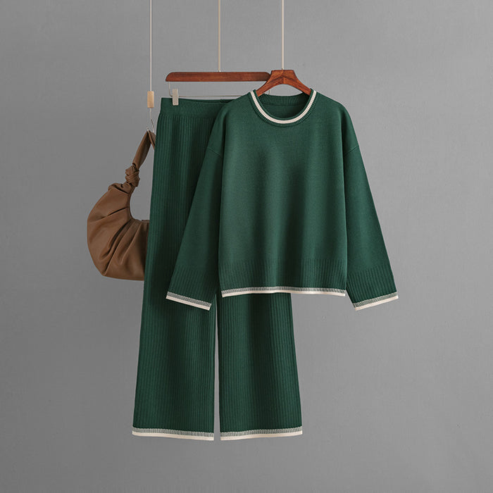 Color-Green-Knit Casual Suit Women Clothing Autumn Winter Contrast Color Long Sleeves Two Piece Set Women-Fancey Boutique
