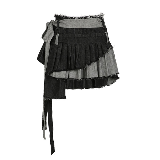 Street Cool Pairs Belt Contrast Color Asymmetric Design Sweet Cool Sexy Pleated Denim Skirt Summer-Gray-Fancey Boutique