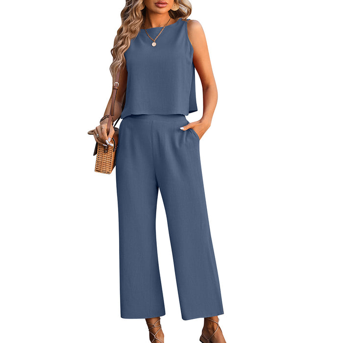 Color-Pale blue-Summer Women Clothing Sleeveless Vest Wide Leg Cropped Pants Casual Two Piece Set-Fancey Boutique