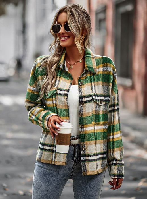 Color-Green-Plaid Shacket Autumn Winter Long Sleeved Shirt Casual Women-Fancey Boutique