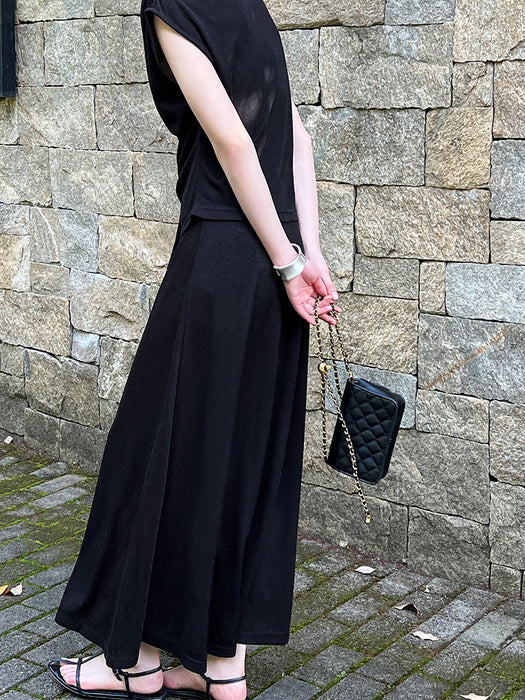 French Off Shoulder Knitting Suit Dress Irregular Asymmetric Swing Collar Top Skirt Two Piece Set-Black-Fancey Boutique