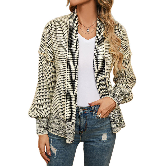 Color-Khaki-Autumn Winter Diamond Checked Cardigan Sweater Women in Warm Loose Outerwear Knitwear Women-Fancey Boutique