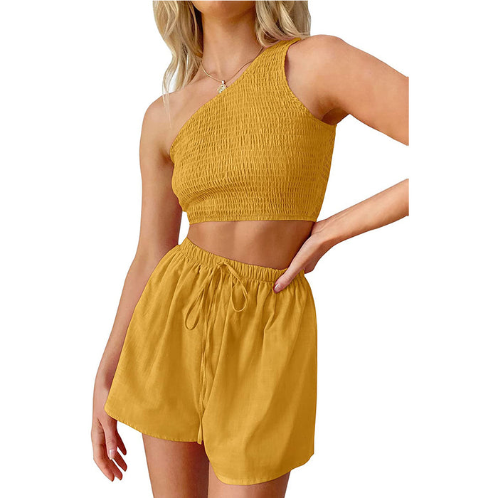 Color-Yellow-Women One Shoulder Pleated Cropped Top Shorts Beach Two Piece Suit-Fancey Boutique