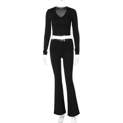 Color-Black-Women Clothing Winter V neck Cropped Top Slim Solid Color Skinny Pants Set-Fancey Boutique