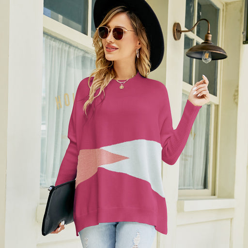 Color-Rose Red-Autumn Winter Loose Batwing Sleeve Pullover Sweater Women Clothing Design Contrast Color Sweater-Fancey Boutique