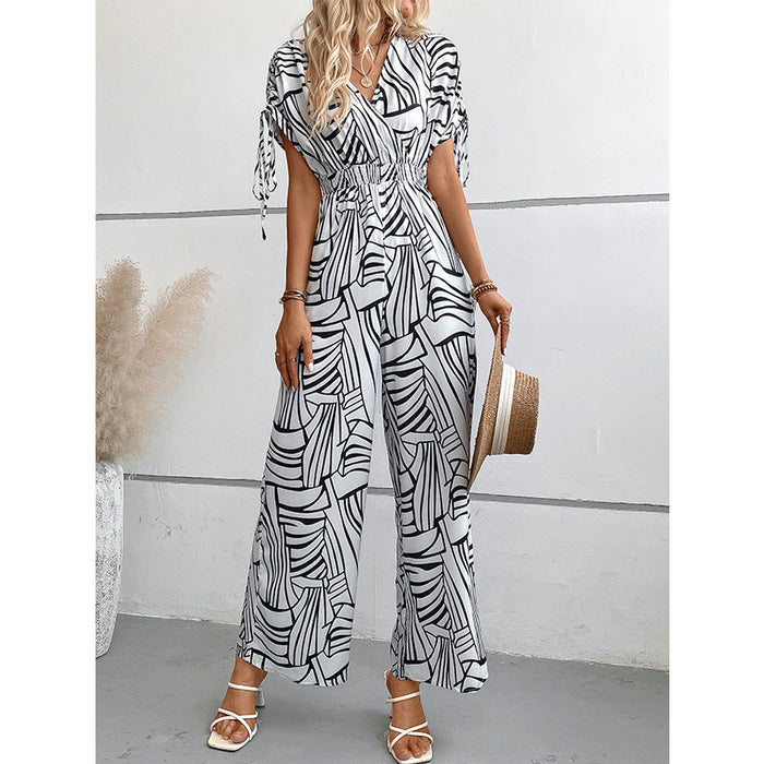 Women Sexy V neck Printed Batwing Sleeve Women Fitted Waist Jumpsuit Women Clothing-Fancey Boutique