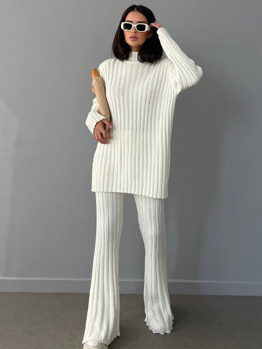 Color-White-High Neck Ribbing Knitting Set Women Autumn Winter Pullover Sweater Pants Woolen Two Piece Set-Fancey Boutique