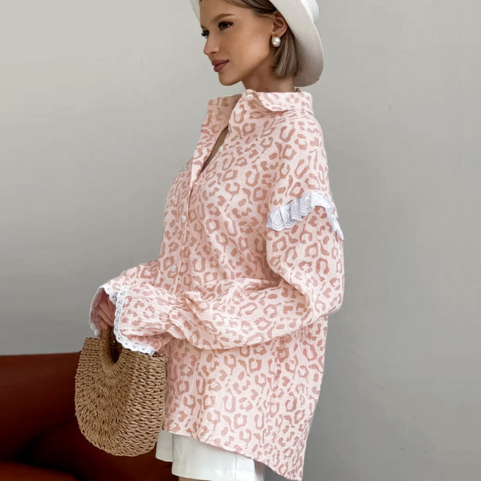 Fall Cotton Linen Casual Niche Elegant Pink Leopard Print Long Sleeved Shirt Loose Women