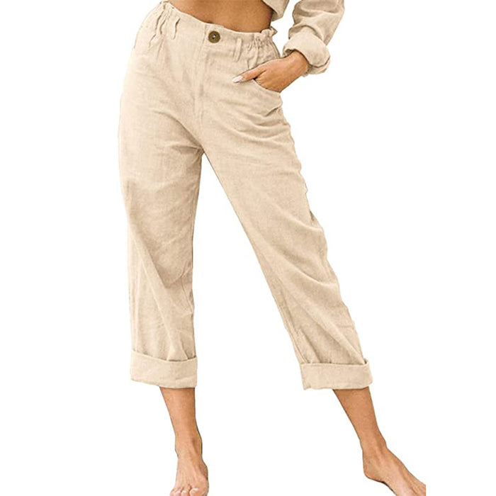 Color-Apricot-Women Clothing Summer Solid Color Cotton Linen Loose High Waist Casual Trousers-Fancey Boutique